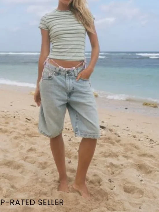 Vintage Y2K Denim Bermuda Shorts Baggy Straight Leg Casual Knee Length Jorts - Picture 3 of 7